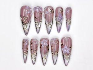 Spring Gothic Blossom Pressons Nails | Dusty Mauve Floral Nails | Iridescent 3D Flower Nail Art | Gold Vine Luxury Nail Set | OB267EC