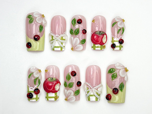 Handmade Picnic Theme Press On Nails | 3D Flower & Ladybug Nails | Cottagecore Nail Set | Pink Green Nature Nails | Handmade Nails | OB859H