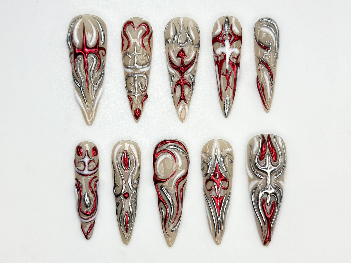 Red Silver Gothic Press On Nails | 3D Gothic Warrior Nail Art | Handmade Red Silver Metallic Nails | Dark Fantasy Armor Tips | OB803HK