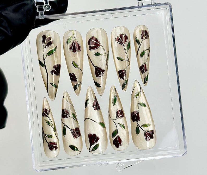 Vintage Vine Bloom Press On Nails | Handpainted Floral Nail Art | Nature-Inspired Botanical Tips | Elegant Glossy Press Ons | OC969EK