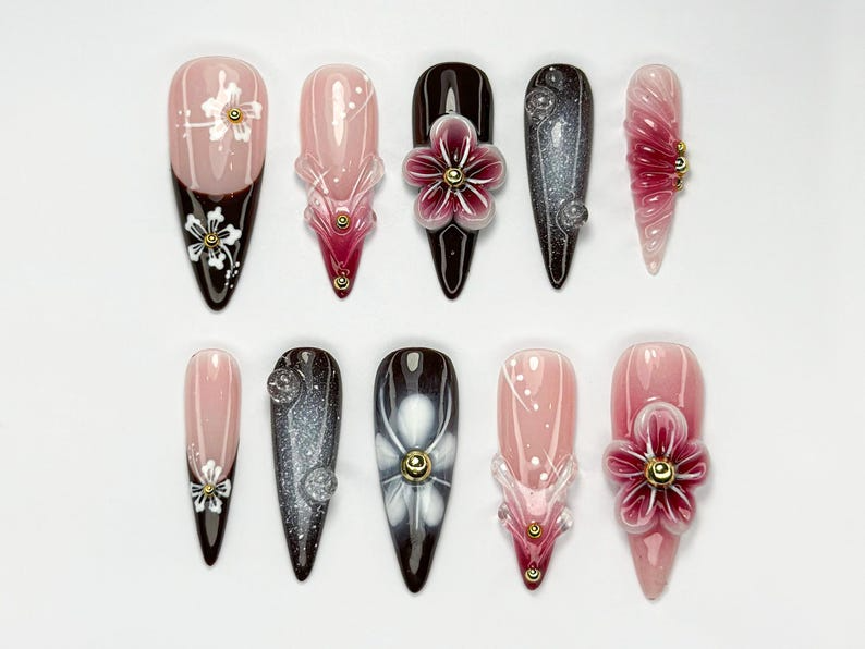 Elegant Red Floral Press On Nails | 3D Red Blossom Nail Set | Elegant Spring Nails | Glossy Floral Nail Set | Dark Glam Nails | OC756HC