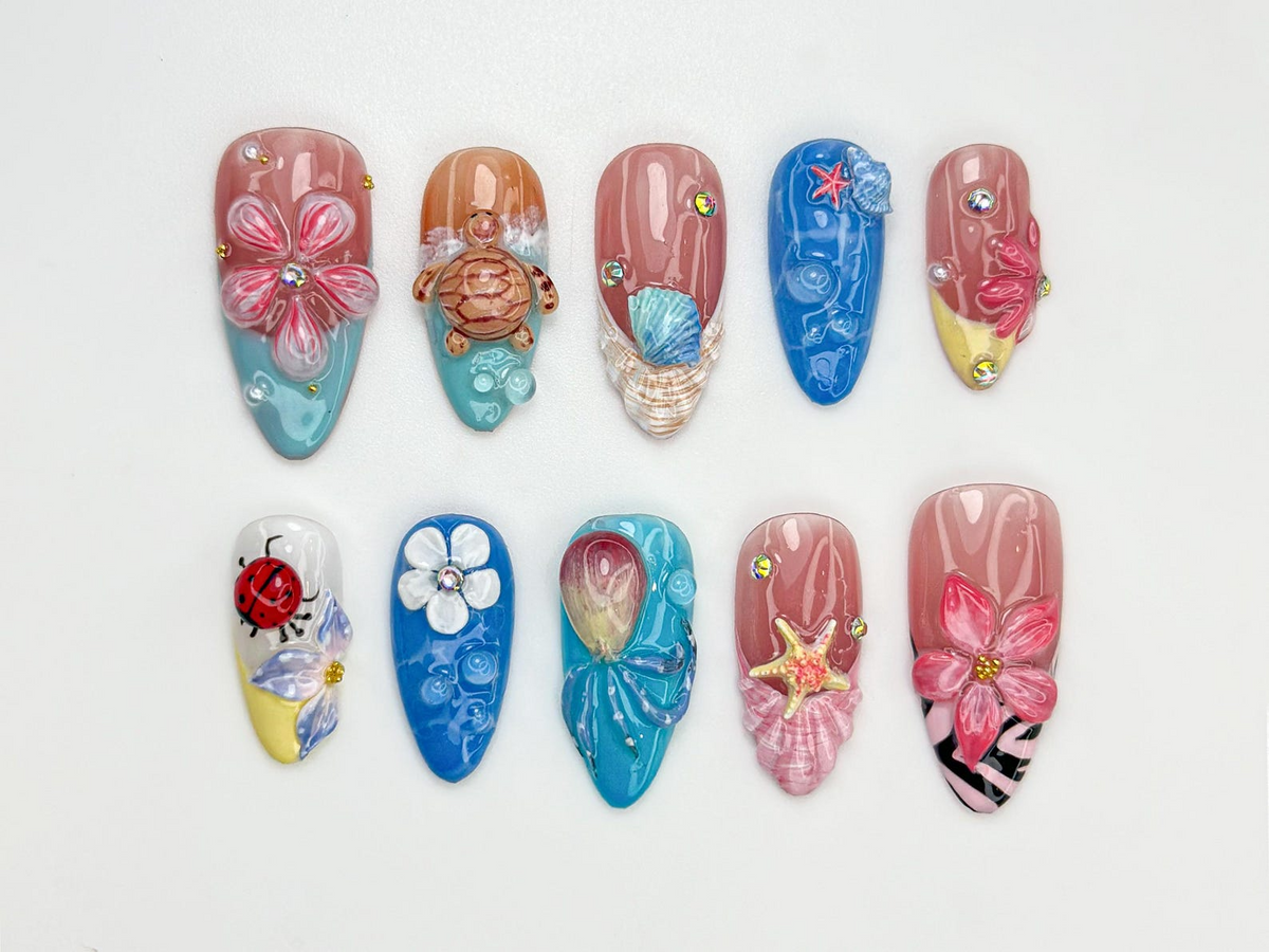 Tropical Sea Turtle Press On Nails | 3D Beach Shell & Starfish Nails | Handmade Summer Mermaid Vibes | Tropical Sea Nail Art | OB809HK