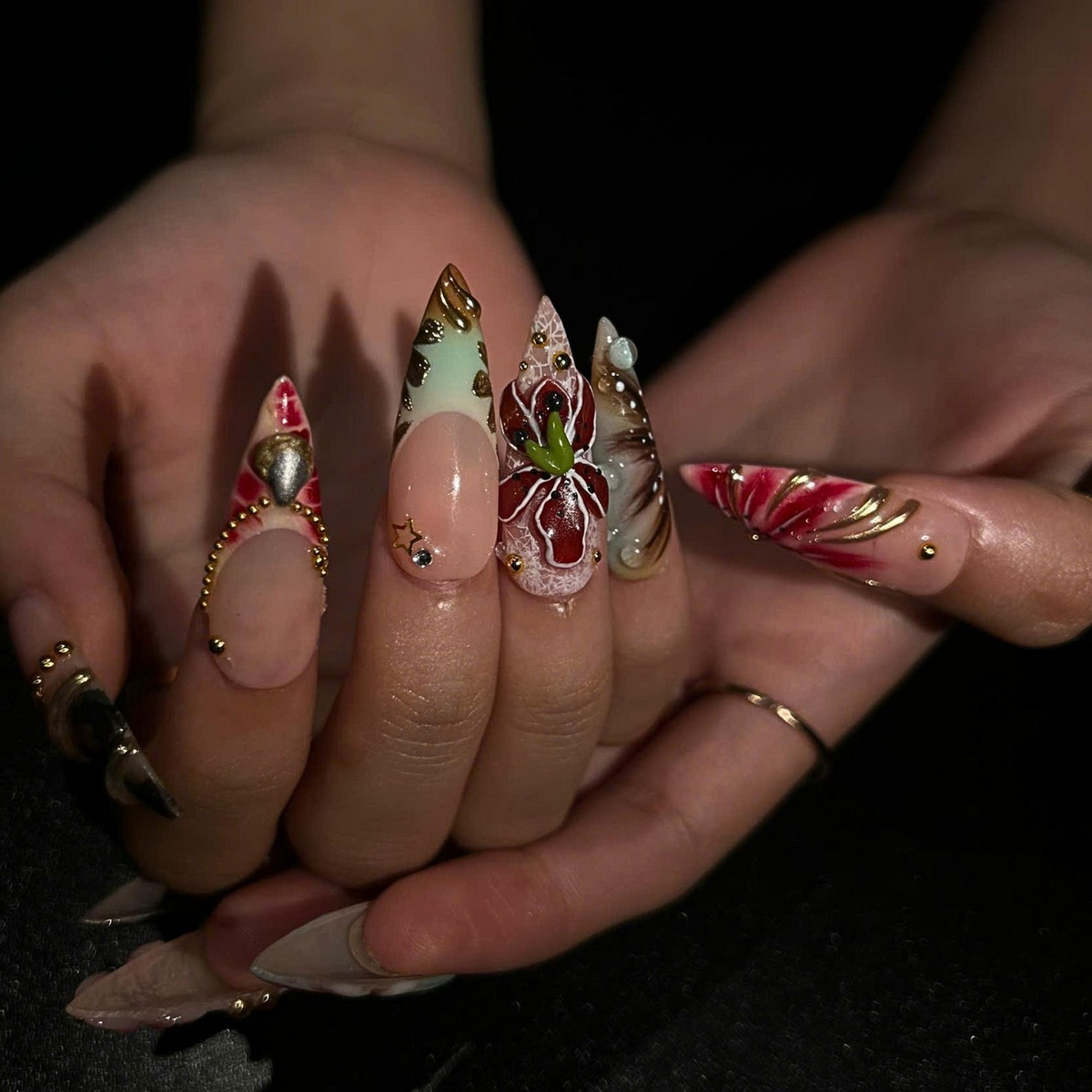 Luxury Floral Press On Nails, Burgundy Gold Nails, 3D Flower Nail Set, Vintage Glam Handmade Press On Nails, OB1377U