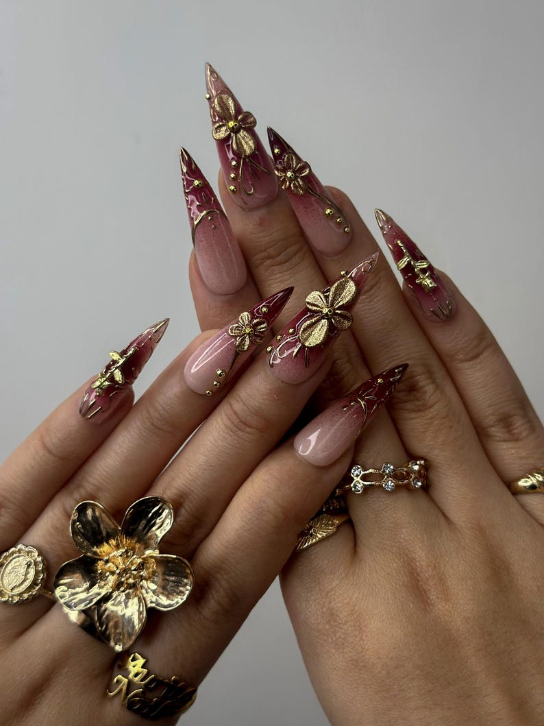 Golden Red Press On Nails | Burgundy & Gold Floral Nail Art | 3D Metallic Flower Design | Luxury Nail Set | Long Stiletto Press Ons| OC878HC