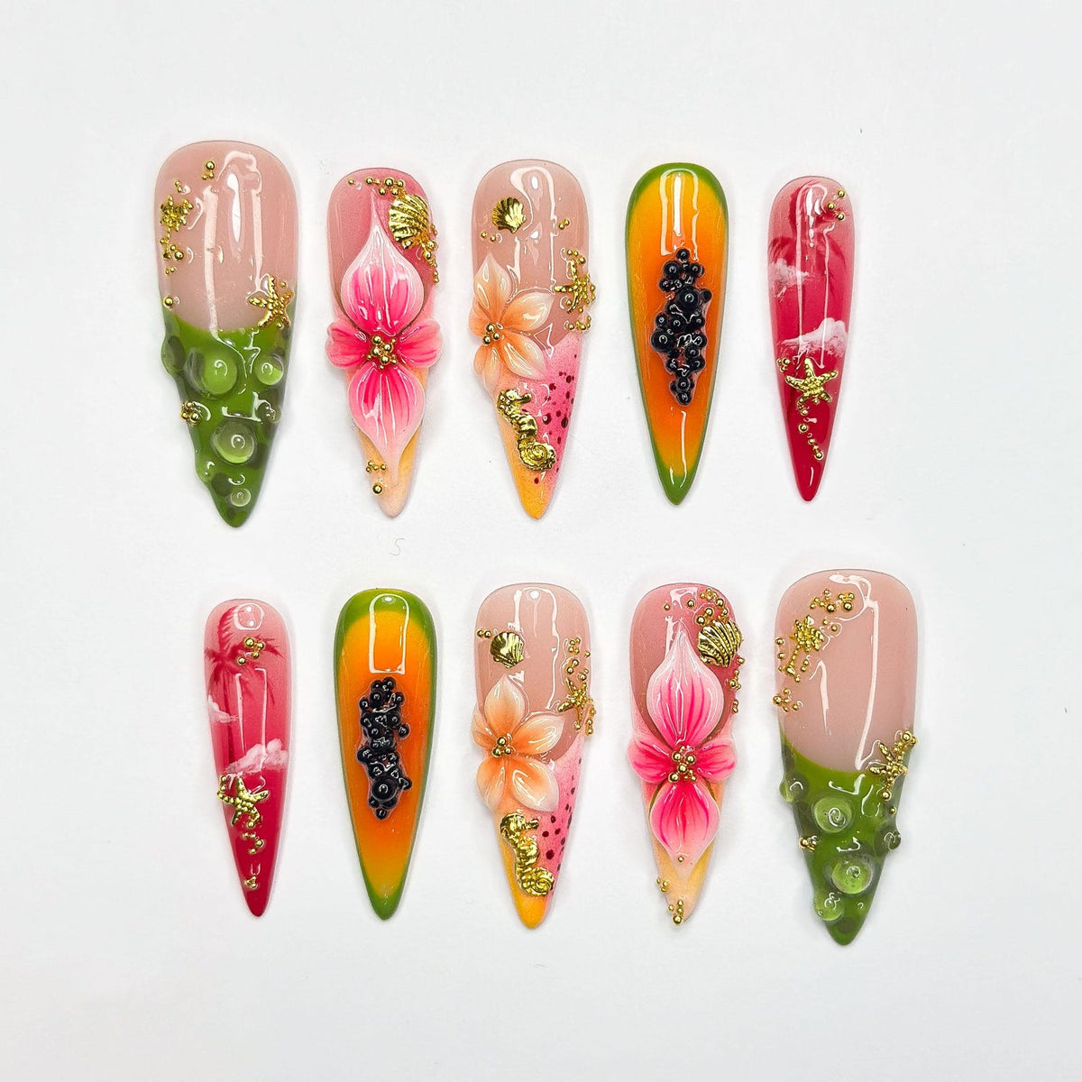 3D Tropical Papaya & Ocean Nails | Summer Starfish Seahorse Press Ons | Juicy Fruit Botanical Luxury Stiletto Art | OB368IC