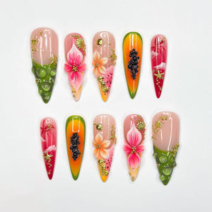 3D Tropical Papaya & Ocean Nails | Summer Starfish Seahorse Press Ons | Juicy Fruit Botanical Luxury Stiletto Art | OB368IC