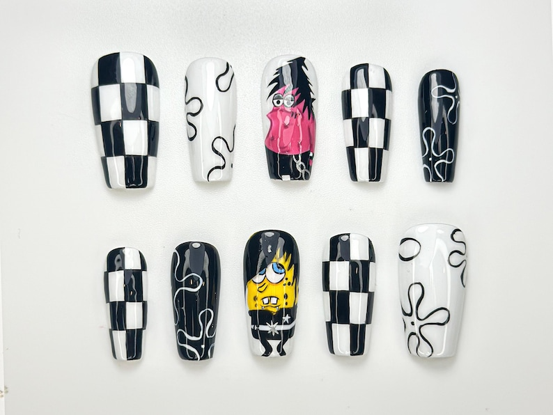 Punk Pop Cartoon Press On Nails | Black & White Checkerboard Nail Art | Handmade Funky Press Ons | Retro Pop Culture Nail Set | OB128HK