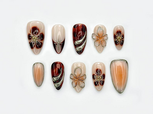 Autumn Tortoiseshell Blossom Press On Nails | Brown Nude Gradient Nail Art | 3D Floral & Metallic Accents | Elegant Long Nail Set | OB178EC