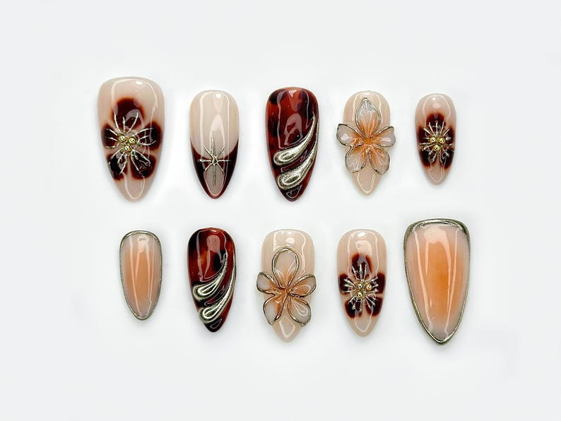 Autumn Tortoiseshell Blossom Press On Nails | Brown Nude Gradient Nail Art | 3D Floral & Metallic Accents | Elegant Long Nail Set | OB178EC