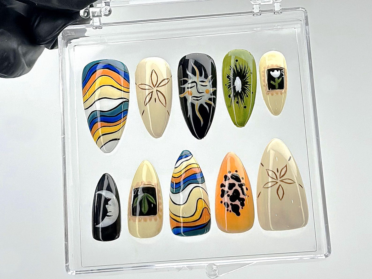 Boho Sun Moon Press On Nails | Groovy Earthy Fake Nails | Artistic Sun and Moon Nail Art | Custom Groovy Press Ons | Unique Nails | OB884YK