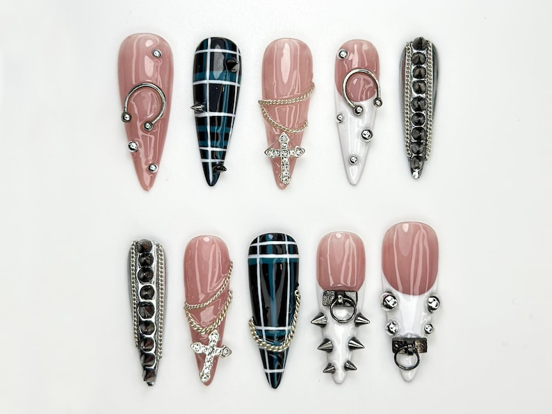 Punk Cross Chain Press On Nails | Gothic Plaid Nail Art | Spiked Pierced Punk Nails | Black White Silver Press Ons | Edgy Nail Set | OC864HK