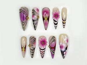 Elegant Violet Floral Press On Nails | Purple Chrome Floral Nails| Elegant Holiday Nails | Luxury Gradient Press Ons | OB211EC