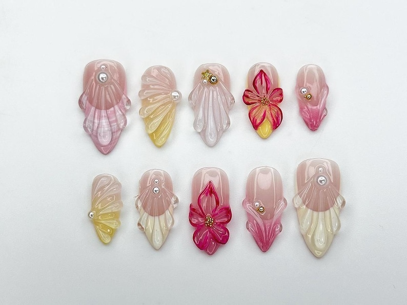Jelly Flower Press On Nails | 3D Floral Nails with Pearls and Petal Wings | Romantic Pink Gel Nail Set | Summer Nails | Holiday Nail|OB940DC