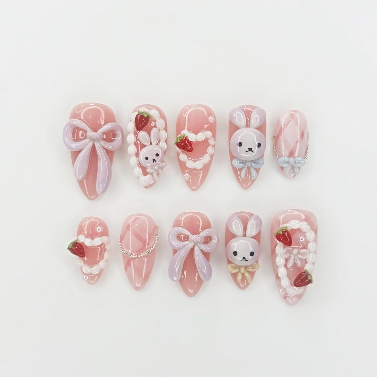 Soft Pink Bunny Press On Nails | Kawaii Nail Art with Bows | Handmade Pastel Nails | Sweet Gift for Her | OB1112GC