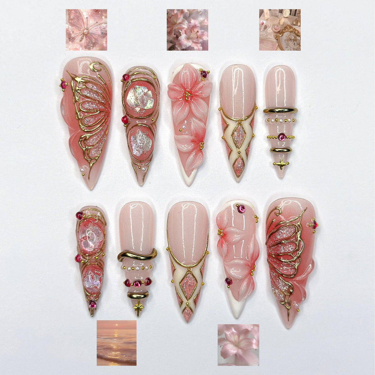 Gold Butterfly & Lily Nails | Pink Fairycore Press Ons | Luxury Floral Celestial Stiletto Art | Royal Fairy Nails | OB386IC