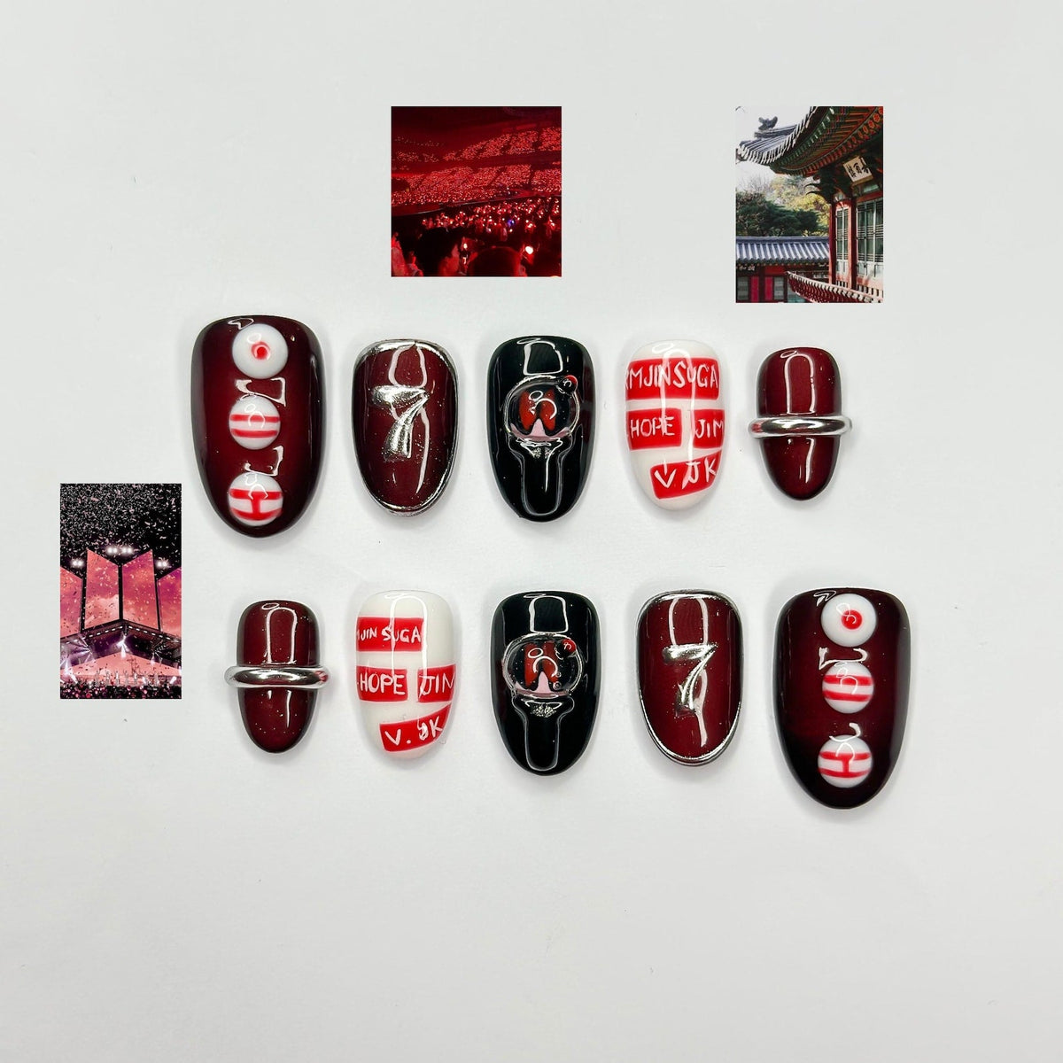 Kpop Inspired Arirang Spirit Nails | 7 Spirit Cupid Voyage Press Ons | Red White Silver 3D Chrome Nails | Fandom Concert Nails | OB359IC
