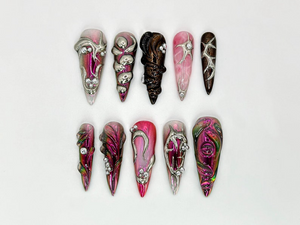 Gothic Metallic Stiletto Nails | Futuristic Metallic and Pink Nails with 3D Designs | Art Deco-Inspired Chrome | 3D Silver Details |OB600HK