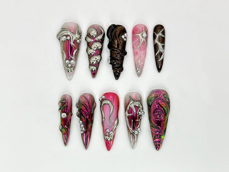 Gothic Metallic Stiletto Nails | Futuristic Metallic and Pink Nails with 3D Designs | Art Deco-Inspired Chrome | 3D Silver Details |OB600HK