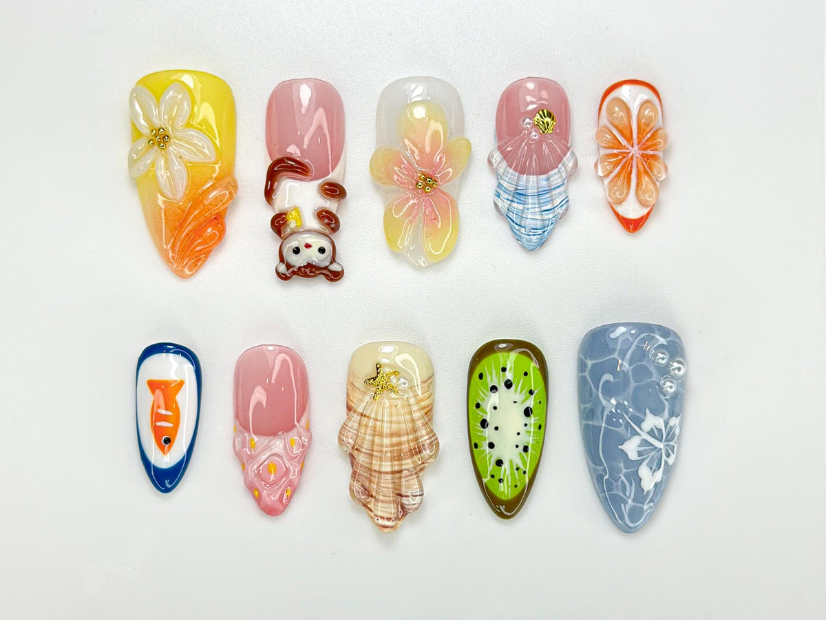 Summer Picnic Mokey Press On Nails | 3D Fruit & Flower Art |Fun Mismatched Vacation Nail Set | Playful Beach Picnic Nail| Cute Nails|OC976HC
