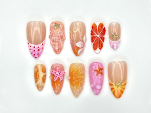 Tropical Summer Splash Press On Nails | Cute Starfish & Shell Design | Bright Sunset and Beach Theme Nails | 3D Ocean Nail Art | OB979EK