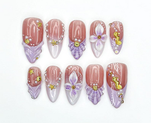 Lavender Ocean Bloom Press On Nails | 3D Seashell & Seahorse Nail Art | Purple Floral Mermaidcore Tips | Long Glossy Set | OC954EK