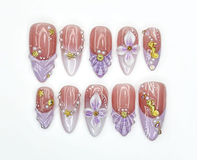 Lavender Ocean Bloom Press On Nails | 3D Seashell & Seahorse Nail Art | Purple Floral Mermaidcore Tips | Long Glossy Set | OC954EK