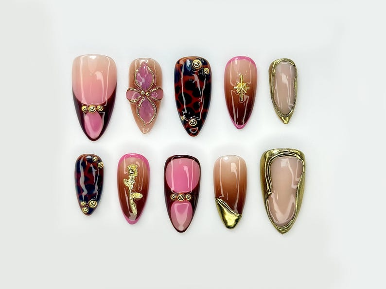 Golden Rose Luxe Press On Nails | Pink & Brown Glam Nail Art | 3D Bow And Rose Accents | Handmade Luxury Stiletto Nails | OB185EK