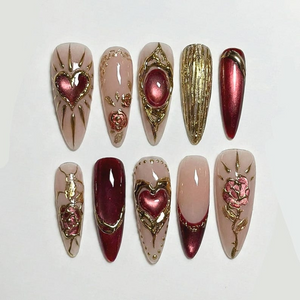 Press On Nails Adhesive Tabs – Nude Burgundy Gold Heart & Rose Chrome Long Stiletto Handmade Fake Nails for Luxury Romantic Look | OB25L