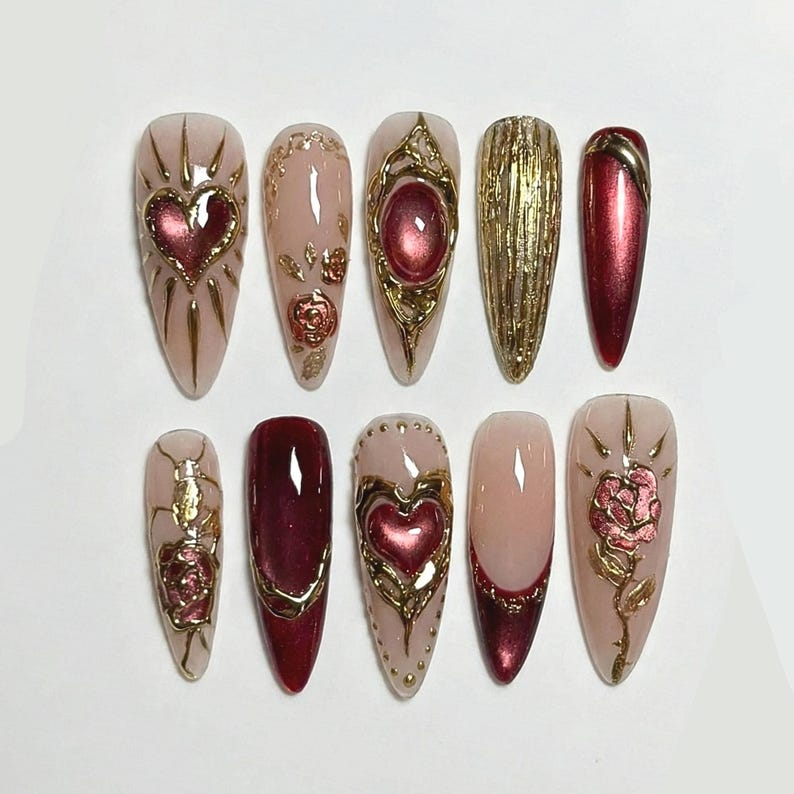 Press On Nails Adhesive Tabs – Nude Burgundy Gold Heart & Rose Chrome Long Stiletto Handmade Fake Nails for Luxury Romantic Look | OB25L