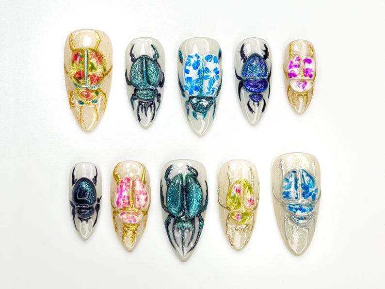 3D Beetle Press On Nails | Insect Art Nail Design | Vintage Bug Aesthetic Nails | Handmade Ceramic-Inspired Nail Set | Scarab Nails |OB875HC