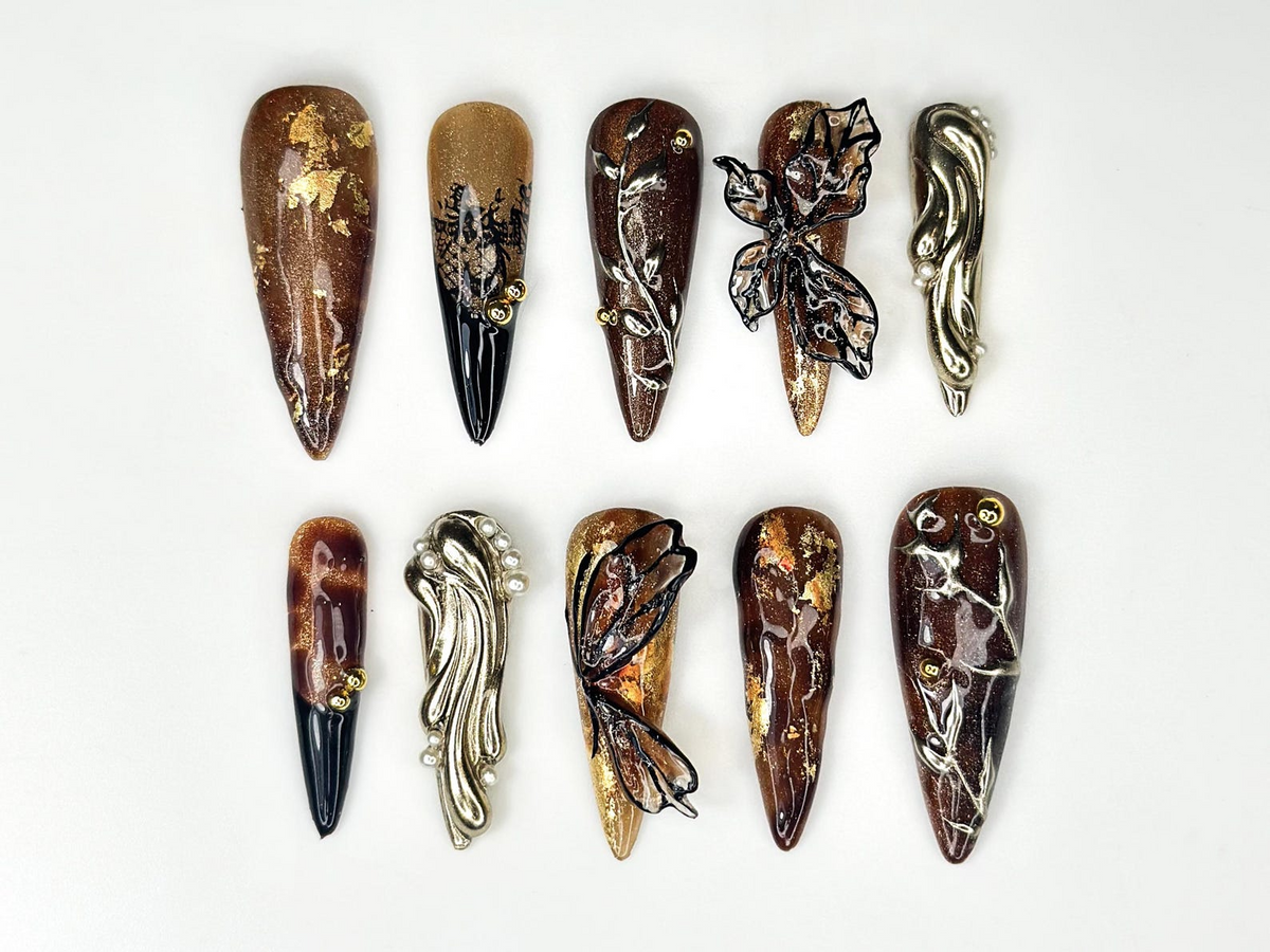 Autumn Butterfly Press On Nails | Luxury Handmade Brown Nails | Nature Inspired Stiletto Press Ons | Elegant Butterfly Design | OB168HC