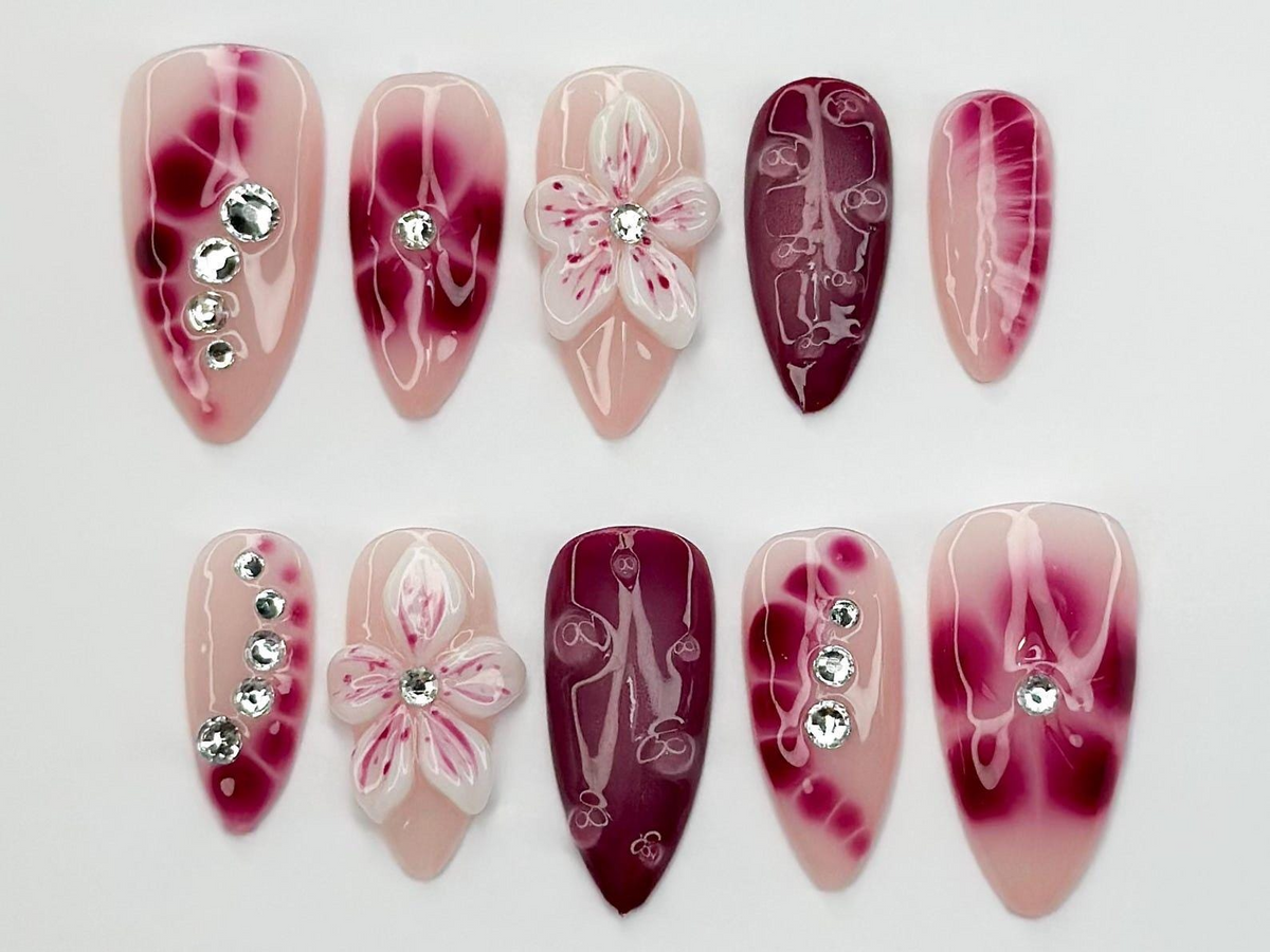 Hand Painted Press On Nails | Floral Accent Nails |3D Flowers - Rhinestone Accents| Perfect for Special Occasions|OB740LK