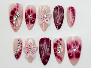 Hand Painted Press On Nails | Floral Accent Nails |3D Flowers - Rhinestone Accents| Perfect for Special Occasions|OB740LK