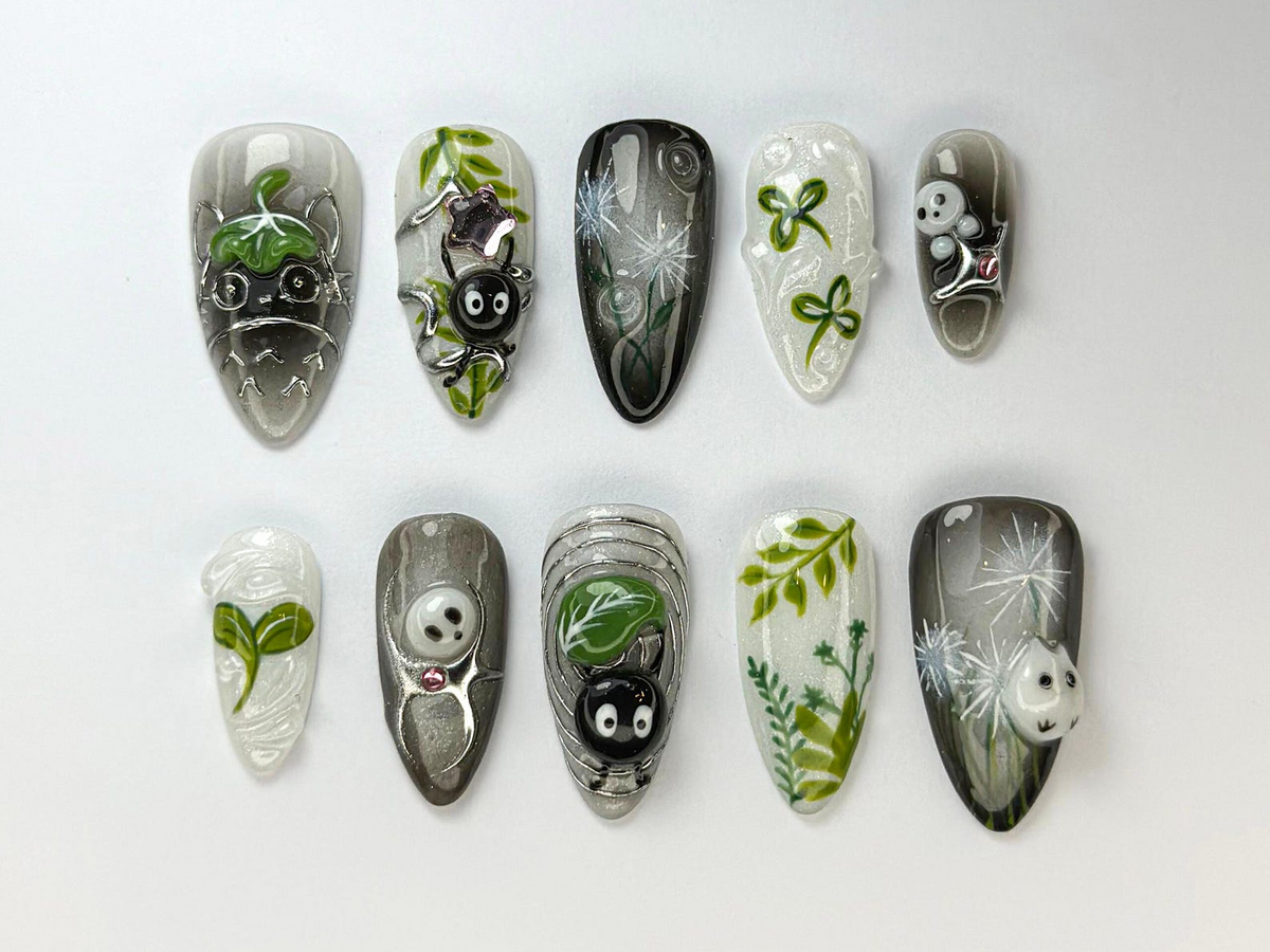 Whimsical Forest Totoro Press-On Nails | Totoro-Inspired Handmade Nailss | Totoro & Soot Spirit Nail Design | Handmade Fantasy Nail |OB719HC