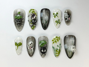 Whimsical Forest Totoro Press-On Nails | Totoro-Inspired Handmade Nailss | Totoro & Soot Spirit Nail Design | Handmade Fantasy Nail |OB719HC