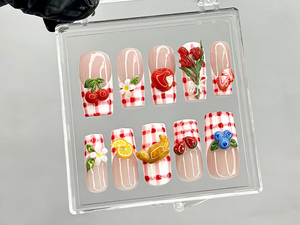 Gingham Picnic Press On Nails | 3D Fruit & Floral Nail Art | Cherry Strawberry Lemon Press Ons | Cottagecore Picnic Fake nails | OB944YK