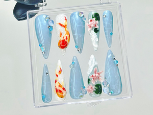 Koi Fish Press On Nails | 3D Water Lily Fake Nails | Japanese Koi Nail Art | Ocean Theme Press Ons | Goldfish & Lotus Nails | OB924YC