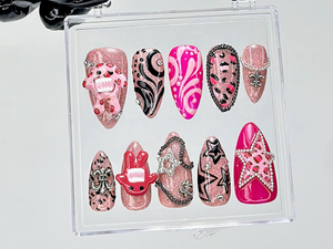 Cute Monster 3D Press On Nails | Pink Glitter Punk Fake Nails | Hot Pink Y2K Nail Art |Indie Star Punk Kawaii Nails |Alt Star Chain |OB929YC