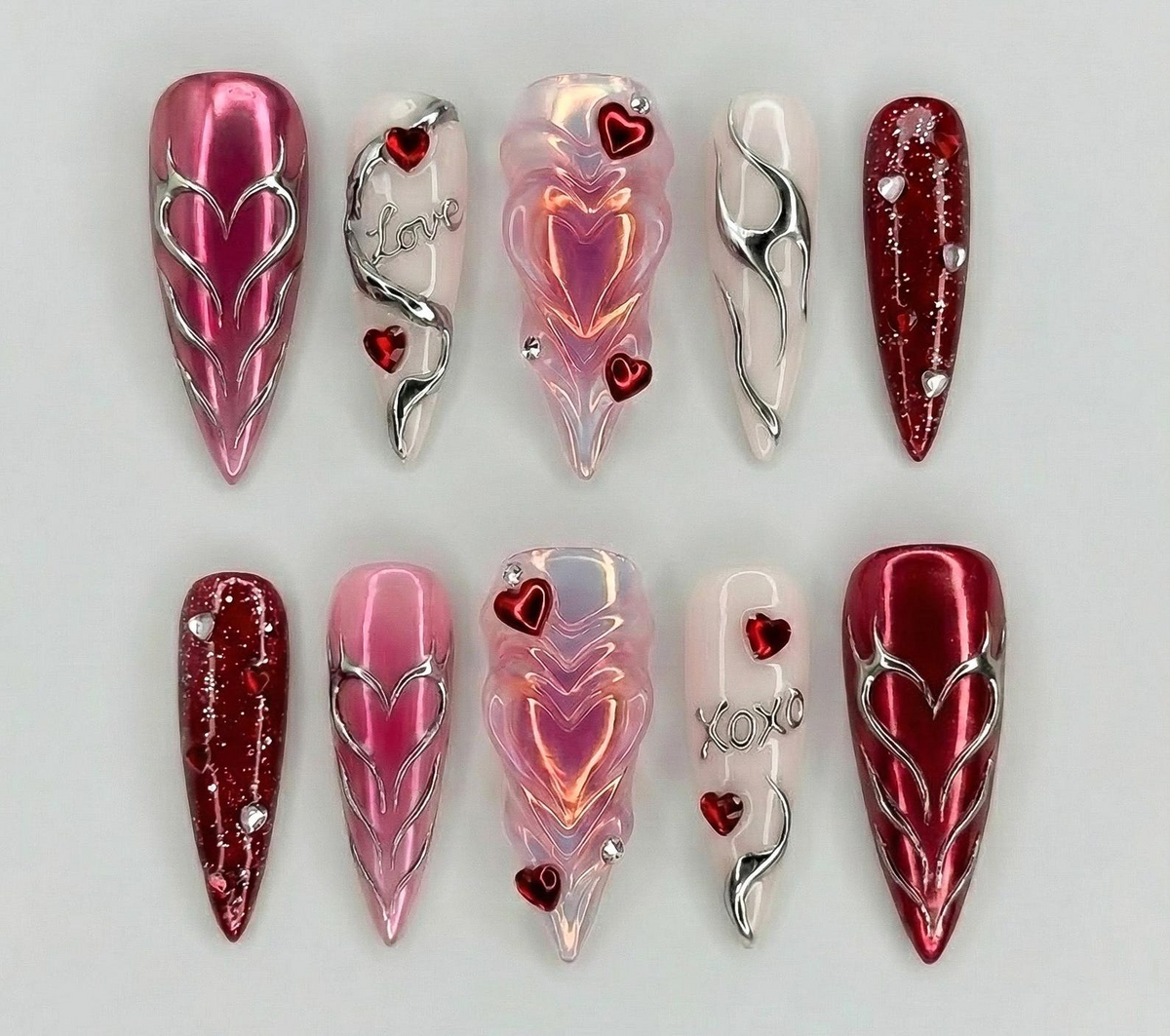 Combo Chrome Heart Desire Press On Nails 3D Pink Chrome Heart Nail Art Handmade Valentine Nail Set OB18L