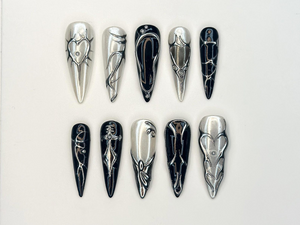 Black Silver Chrome Press On Nails | Gothic Metallic Nail Art | Winter Armor Nails | Holiday Party Nails | Handmade Gift Set | OC1193BK