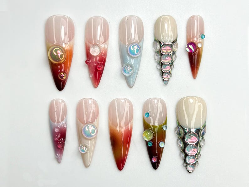 Iridescent Gradient Bubble Press On Nails | Glassy Chrome Pearl Accents | Color Fade Stiletto Nails | Chrome Bubble Nail Art | OC785HC