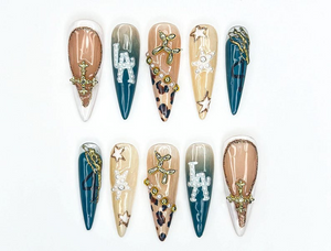 LA Safari Luxe Press On Nails | Western Pearl Letter Nails | Leopard & Cross Charm Nail Art | Glam Cowgirl Vibe | Edgy 3D Stiletto Nail Set OB940L