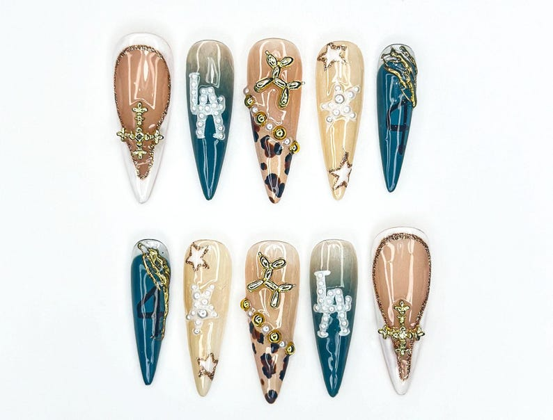 LA Safari Luxe Press On Nails | Western Pearl Letter Nails | Leopard & Cross Charm Nail Art | Glam Cowgirl Vibe | Edgy 3D Stiletto Nail Set OB940L