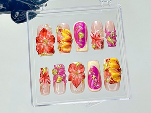 Tropical Hibiscus Press On Nails | 3D Floral Summer Fake Nails | Summer Bloom Nail Art | Sunset Color Bloom Kawaii Nails | 3D Nails |OB932YC