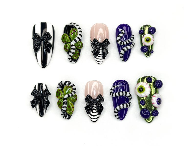 Monster Ribbon Press On Nails | Beetlejuice-Inspired Nail Art | Green & Purple 3D Eyes Design | Black Bow Striped Nails |OB1165BC