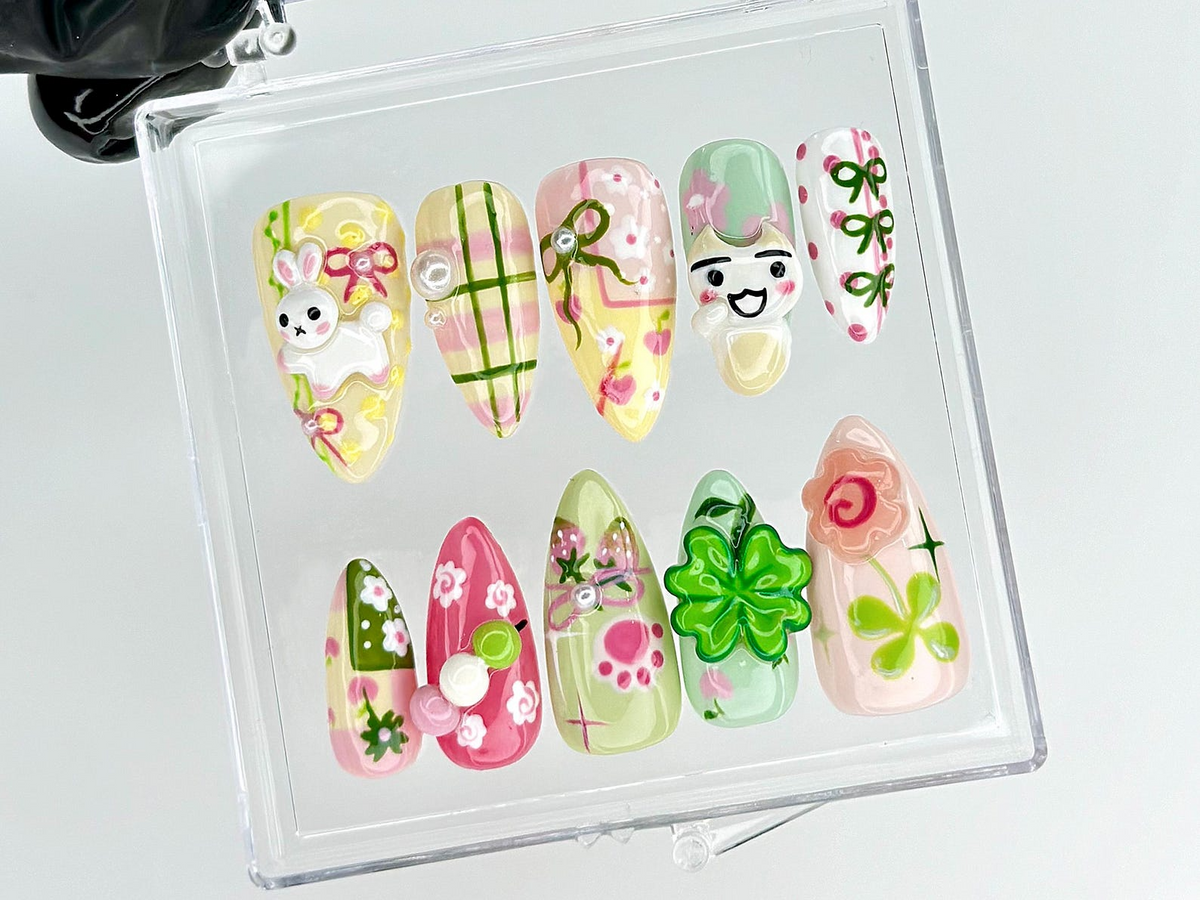 Kawaii Cute Press On Nails by DoryNails | Pastel Bunny Clover 3D Press Ons | Sakura Bunny Fake Nails | Kawaii Spring Nail Art | OB827YC