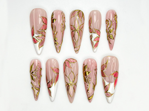 Elegant Pink Press On Nails | Blush Floral Nail Art | 3D Gold Vine Nails | Romantic Wedding Nails | Handmade Luxury Press Ons| OC842H