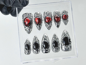 Gothic Vampire Jewel Press On Nails | Red Black Gem Nails with Metal Frame Fake Nails | Black Bloodstone Nail Art | Silver Metal | OB895YC