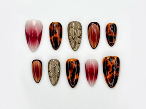 Autumn Burgundy Tortoiseshell Press On Nails | Gold Orchid Accent Nails | Gradient Fall Nail Art | Elegant Autumn Nail Set | OB187EC