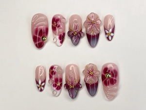 Floral Reverie Press On Nail Bundle | 3 Handmade Floral Nail Sets | Pink Blossom Nails | Reusable Nail Kit| OB104L